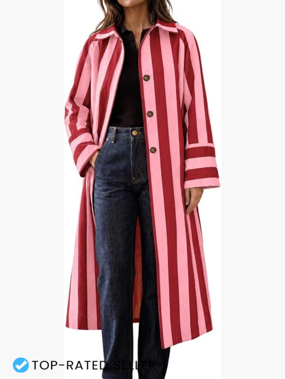 Striped Long Trench Coat Oversized Single Breasted Lapel Collar Fall Layering